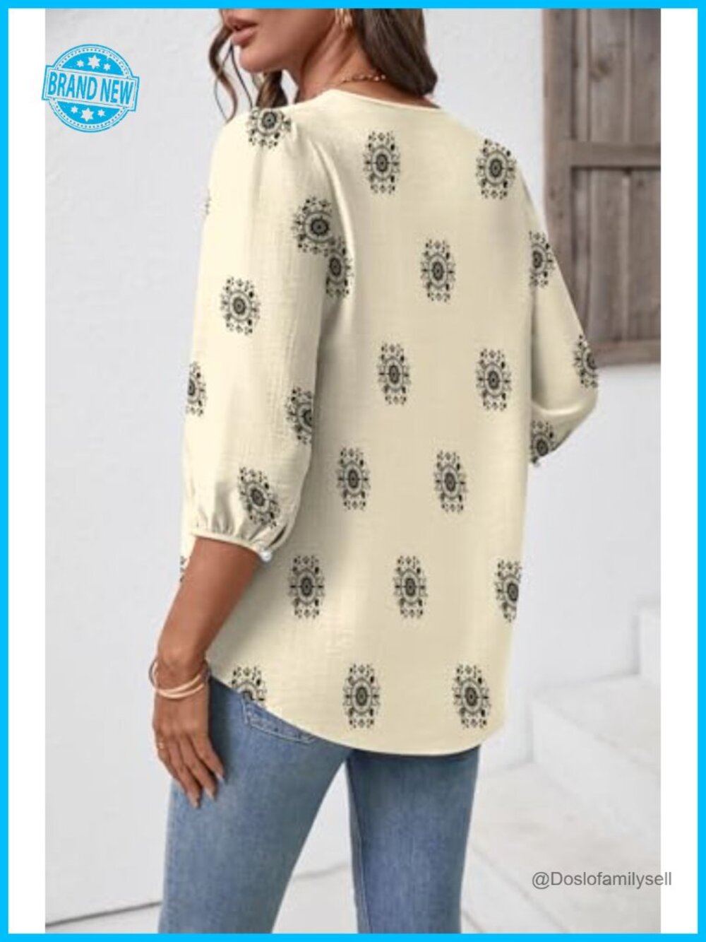 3/4 Sleeve V Neck Boho Blouse Tunic with Puff Sleeve - Picture 3 of 7